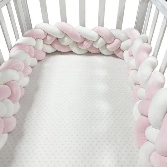 Toyech-Braided Cot Bumper Baby Crib Protector-Pink-White
